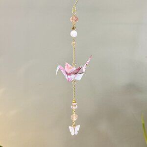 Origami Ornament #2375 - Small Crane with Butterfly Pendant